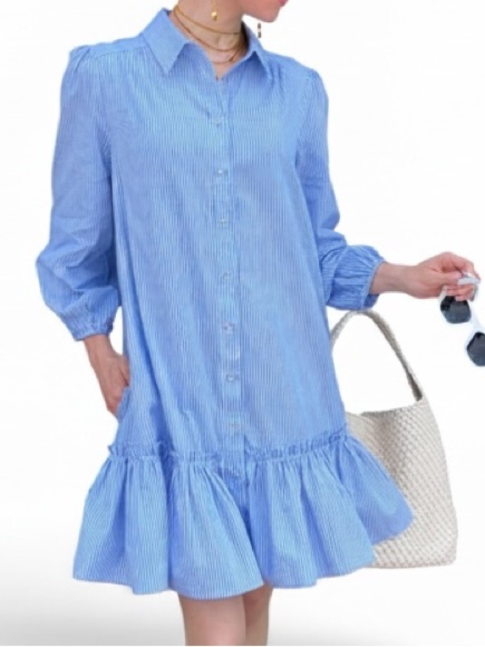 BEFORE YOU with love Cotton Puff Sleeve Ruffle Hem Mini Dress Blue Striped Sz S